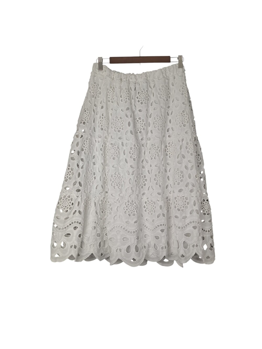 LIV Los Angeles White Eyelet Lace Midi Skirt Tiered Smocked Boho Summer Size M